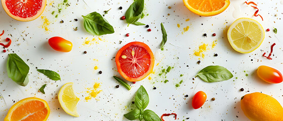 a white background with orange green yellow red basil