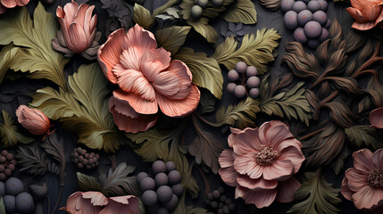 Popping out impasto rigid flower pattern scenery in vintage colours.  - obrazy, fototapety, plakaty