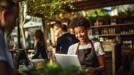 Amidst the lively ambiance of a vibrant coffee shop, a woman waiter processes a credit card payment with a smile