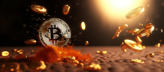 Close up golden bitcoin falling down showing crash of crypto trading market. Concept of financial crisis and global recession, minning or blockchain technology, banner with copyspace