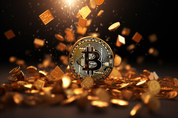 Close up golden bitcoin falling down showing crash of crypto trading market. Concept of financial crisis and global recession, minning or blockchain technology.