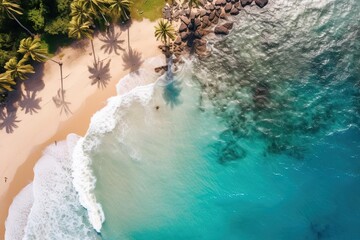 Aerial View of Beach with Palm Trees and Caribbean Turquoise Waters - Tropical Paradise