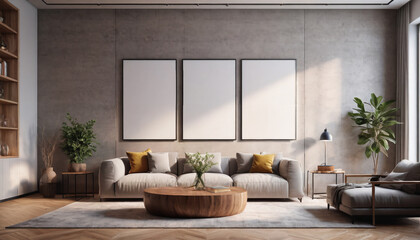 poster mockup with Three frames on empty white wall in living room interior, Living room