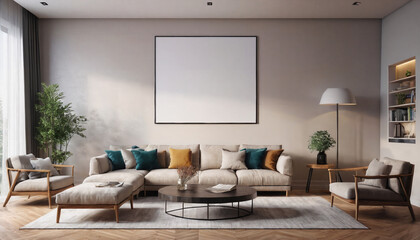 Square poster mockup with Three frames on empty white wall in living room interior, Living room,