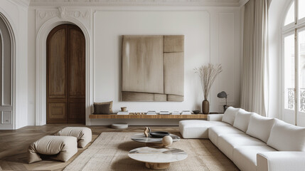 A living room with a single, oversized artwork as the focal point on a clean white wall. 