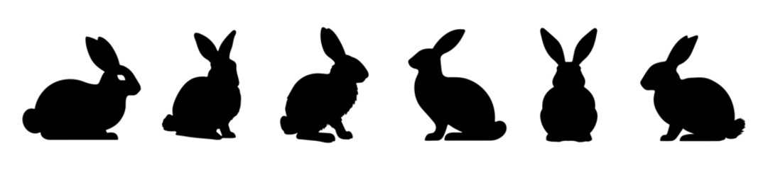 Set of Rabbit silhouettes. Easter bunnies. Isolated on white backdrop. A simple black icons of hares. Cute animals. Ideal for logo, emblem, pictogram, print, design element for greeting card