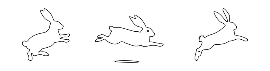 Set of Jumping Rabbits in outline. Easter bunnies. Isolated on white backdrop. A simple black icons of hares. Cute animals. Ideal for logo, emblem, pictogram, print, design element for greeting card
