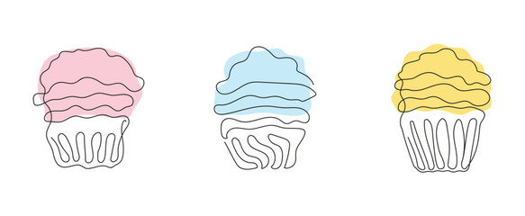 Set of colorful cupcakes in style of continuous one line drawing. Simple line art of muffins with wavy frosting. Vector isolated on white. Design elements for greeting, postcard, print, scrapbooking.
