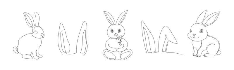 Set of rabbits and bunny ears. Continuous one line drawing. Simple line art. Isolated on white background. Minimalist style. Design elements for print, greeting, postcard, scrapbooking