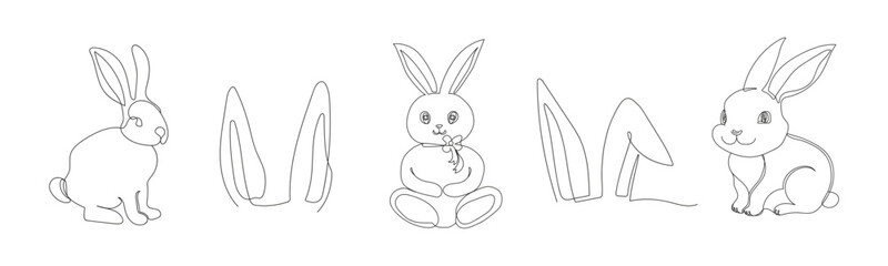 Obraz premium Set of rabbits and bunny ears. Continuous one line drawing. Simple line art. Isolated on white background. Minimalist style. Design elements for print, greeting, postcard, scrapbooking