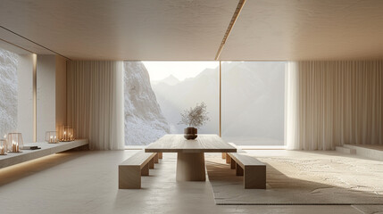A minimalist dining room with a single, long wooden table and matching chairs. 
