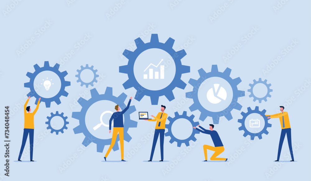 Leinwandbilder Flat vector illustration design Business process concept and business team working meeting for project brainstorming with developer creative planning management concept
