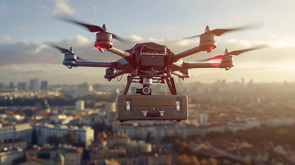 Foto op Plexiglas Delivery drone with camera overlooking the city at sunset. © Future For You