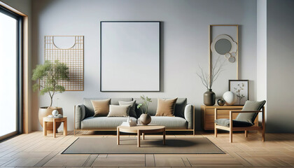 A modern living room with a minimalist design,clean lines and natural decorative elements that create a calm and stylish space and a large empty picture frame on the wall.Modern home concept.AI genera - obrazy, fototapety, plakaty