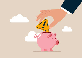 Hand putting exclamation attention sign a piggy bank money savings. Solving problem, identify risk or critical failure concept. Modern vector illustration in flat style - obrazy, fototapety, plakaty