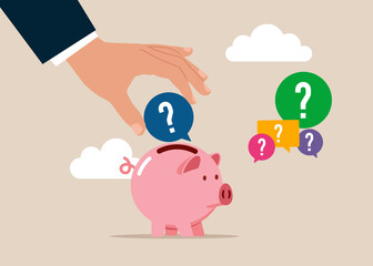 Hand putting question mark speech bubble a piggy bank. Confusion problem or doubt, lost in trouble or complexity. Modern vector illustration in flat style