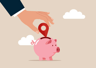 Search concept. Hand putting branch pin a piggy bank. Opportunities, decisions, new ideas. Modern vector illustration in flat style