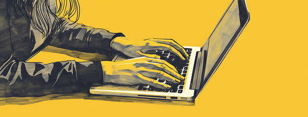 a womans hands are typing on a laptop computer on a y - obrazy, fototapety, plakaty