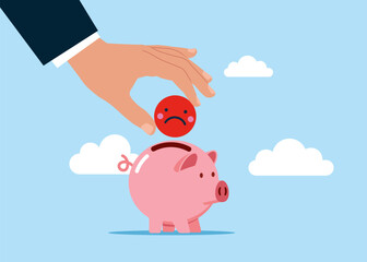 Hand putting negatively emoji case a piggy bank. Modern vector illustration in flat style