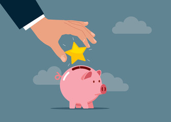 Hand putting star a piggy bank. Modern vector illustration in flat style