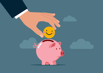 Hand putting smiling emoji a piggy bank. Work motivation. Employee happiness, job satisfaction. Modern vector illustration in flat style