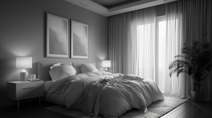A monochromatic bedroom with a perfectly made bed and soft, diffused lighting. 