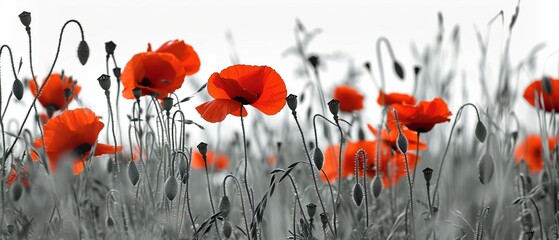 Red poppies on monochrome picture