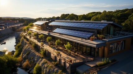 Eco building shopping center in aerial view Solar cel
