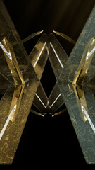 Vertical 3d abstract geometry of gold and bronze on black.