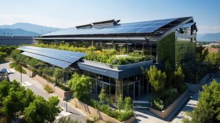 Fototapeta na wymiar Eco building shopping center in aerial view Solar cel