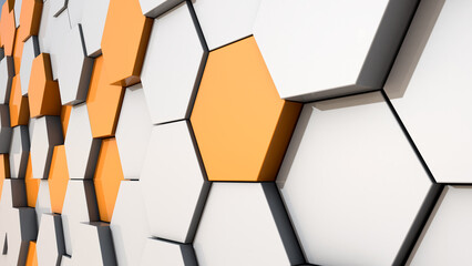 Abstract geometric pattern with orange and white hexagons at an angle.