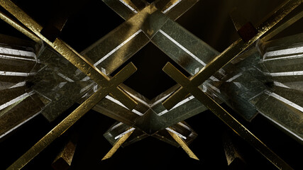 Horizontal 3d abstract geometry of gold and bronze on black.