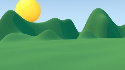 Simply rendered countryside with mountains and sun