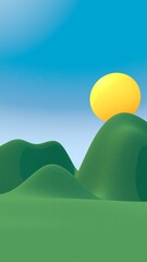 Vertical simply rendered countryside with mountains and sun