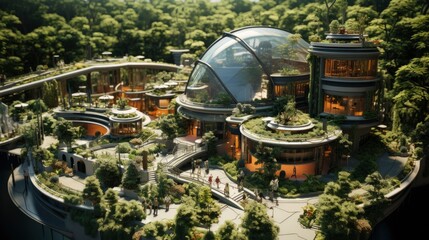 Eco building shopping center in aerial view Solar cel