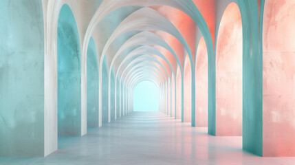 Fototapeta premium Minimalistic Coral and Turquoise Arched Corridors - Aesthetic Harmony in Modern Architecture