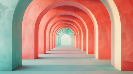 Minimalistic Coral and Turquoise Arched Corridors - Aesthetic Harmony in Modern Architecture