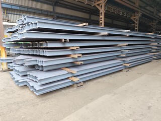 Metal construction I beams, steel structure girders in a factory 