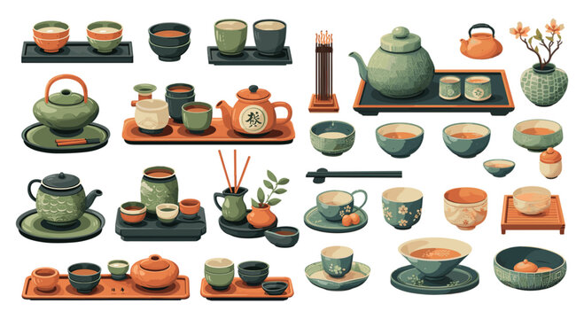 Asian tea ceremony items illustration. Chinese and Japanese traditional stuff, table, bowls, teapots, tea, banzai. Hot aromatic drinks, traditional oriental culture. Cartoon vector set isolated