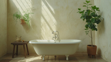 A serene bathroom with a freestanding bathtub and a single potted plant on a wooden stool. 
