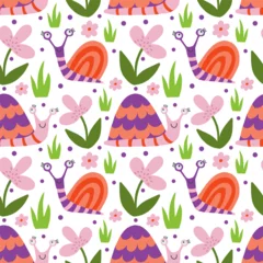 Gordijnen Seamless pattern with cute cartoon snails and flowers © KiraKonoshenko