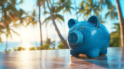 Blue piggy bank on an empty wooden background overlooking the sea and the beach. Vacation concept