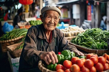 elderly Asian man at a bustling vegetable bazaar. - obrazy, fototapety, plakaty