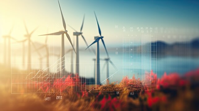 stock market charts blurred with a wind turbine in background. - Powered by Adobe