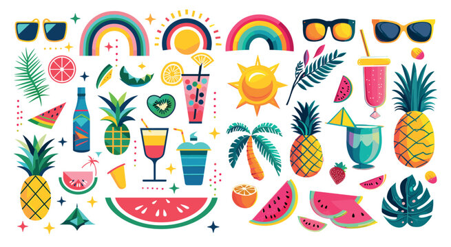Beach stuff cartoon bundle. Summer vibe, vacation items. Sun, pineapple, kiwi, lemon, rainbow, sunglasses. Flat icons design isolated on white background