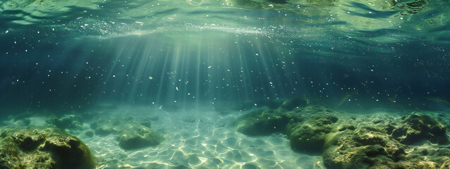 Underwater panorama with sunbeams.