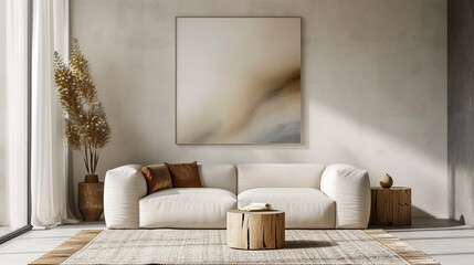A simple living room with a low-profile sofa and a single abstract artwork on the wall. 