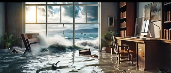 Home office flooded by the water of the storm. - obrazy, fototapety, plakaty