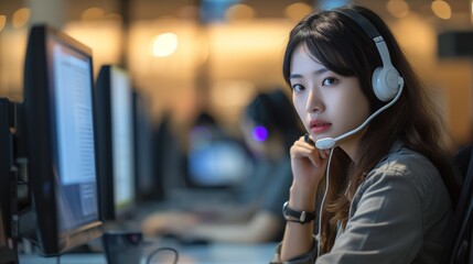 woman call center operator with headset using computer, support call-center, assist call center, telemarketing call center, receptionist call center, operator call center,