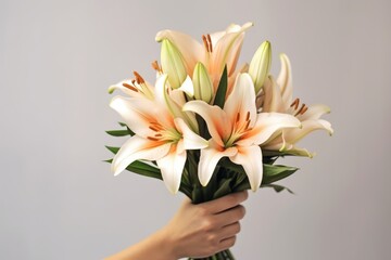 gentle hand holds a pristine bouquet of white and pink lilies, presenting them elegantly against a soft grey backdrop